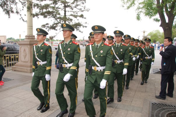 Well-guarded and well patrolled, Tiananmen Square, is also well-known for military parades.  (Photo by Robyn Bushong.)
