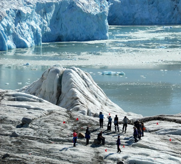 Our final hike was almost 3 km straight up the 14th of July Glacier ( Bastille Day Glacier.) Many of our group standing on the ice after the descent. (Photo by Robyn Bushong.)